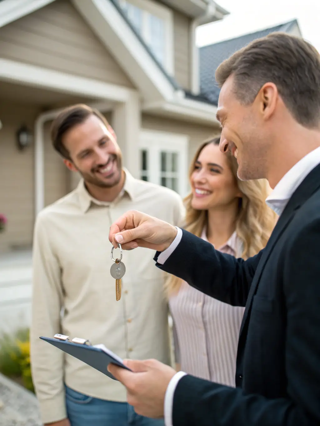 A friendly property manager handing keys to a smiling tenant in front of a well-maintained property, symbolizing tenant satisfaction.