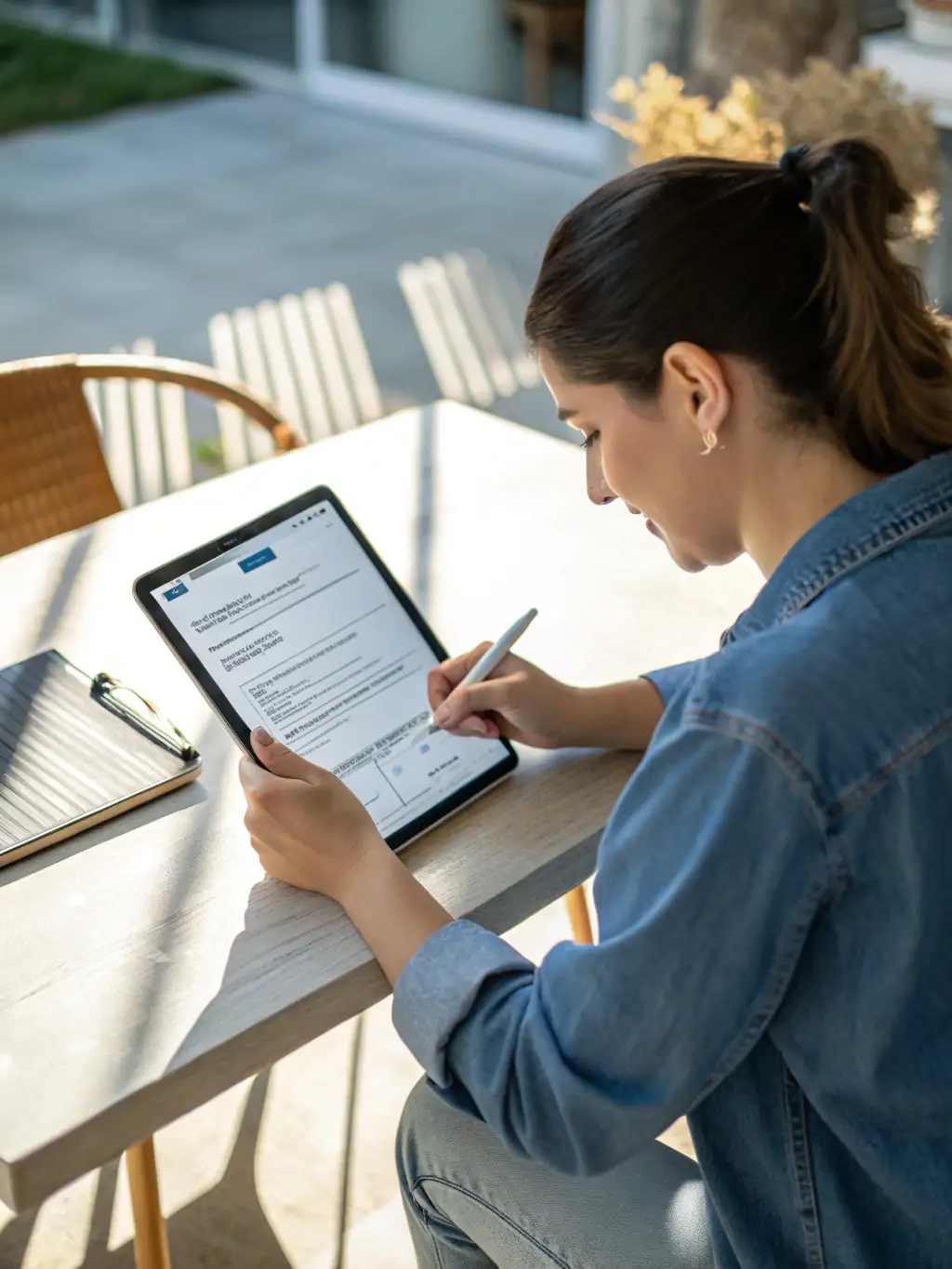 A blurred background of people filling out applications on tablets, with a focus on a magnifying glass over a document, symbolizing thorough tenant screening.