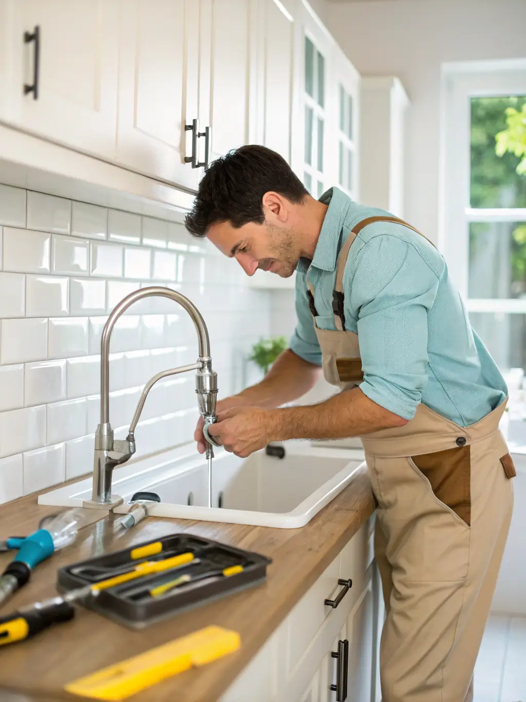 A handyman fixing a faucet in a modern kitchen, emphasizing prompt and reliable property maintenance services.